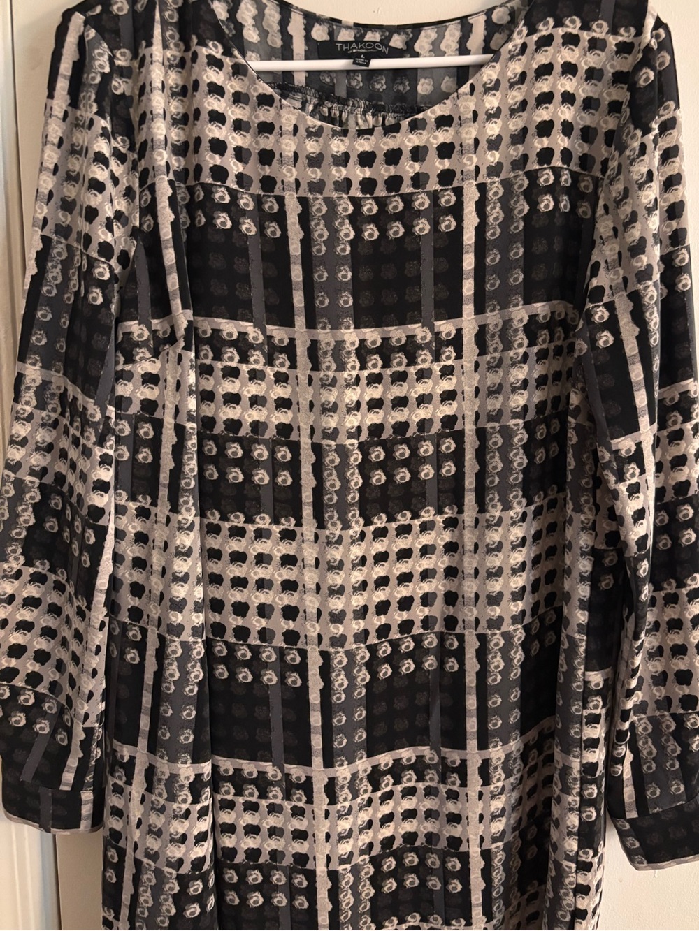 Thakoon Black and Cream Abstract Grid Long Sleeve Dress
